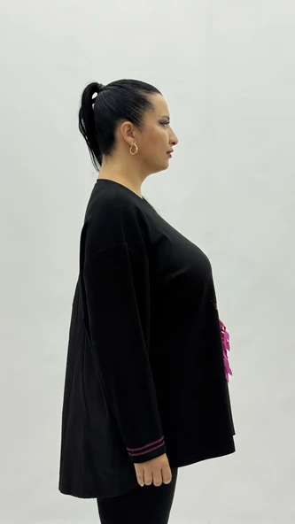 Büyük Beden Viskon Taşlı Uzun Kol Oversize Kadın Bluz - Resim 5