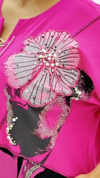 Büyük Beden Viskon Taşlı İnci Detaylı Kapri Kol Oversize Kadın Bluz - Resim 6