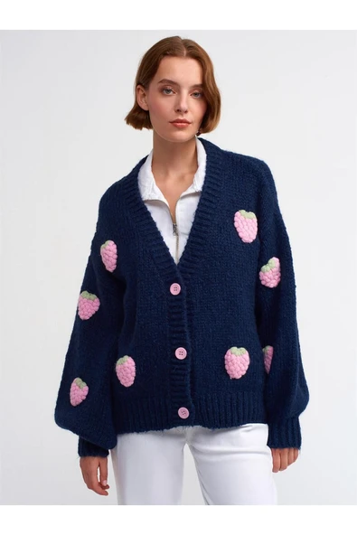 60185 DİLVİN HIRKA V YAKA ÇİLEK NAKIŞLI BALON KOL - Resim 5