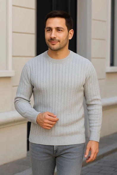 MDB Erkek Fitilli Triko Kazak 3’lü et – Beyaz, Gri, iyahKalın Dokuma Pamuklu Regular Fit Bisiklet Yaka Uzun Kollu Kışlık - Resim 2