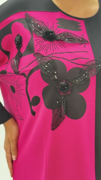 Büyük Beden Taşlı Çiçek Detaylı Uzun Kol Oversize Kadın Bluz - Resim 5