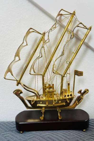 Pirinç Yelkenli Gemi Ahşap Kaideli Ev Ofis Dekorasyon 33cm - Resim 11