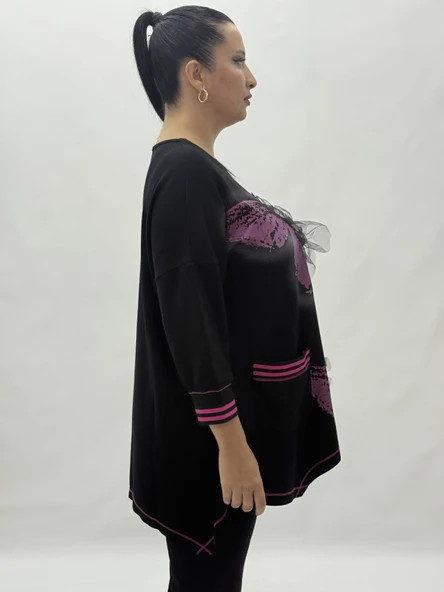 Büyük Beden Viskon Taşlı Cepli Kapri Kol Oversize Kadın Bluz - Resim 3