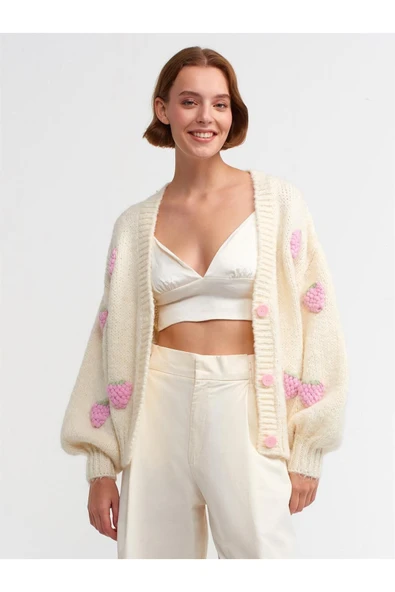 60185 DİLVİN HIRKA V YAKA ÇİLEK NAKIŞLI BALON KOL - Resim 3