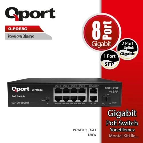 QPORT Q-POE8G 8 PORT GIGABIT + 2 PORT GIGABIT UPLI ürün görseli
