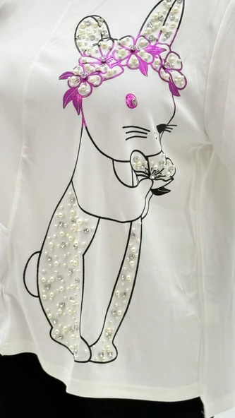 Büyük Beden Viskon Taşlı İnci Detaylı Kapri Kol Oversize Kadın Bluz - Resim 6