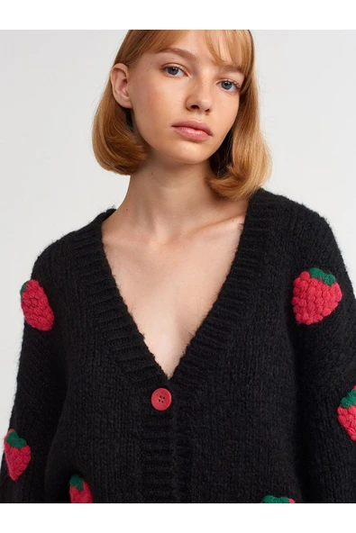 60185 DİLVİN HIRKA V YAKA ÇİLEK NAKIŞLI BALON KOL - Resim 12