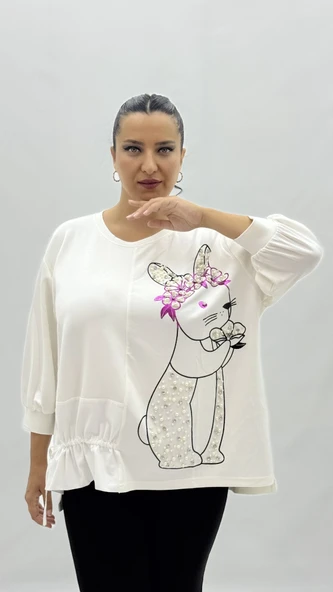 Büyük Beden Viskon Taşlı İnci Detaylı Kapri Kol Oversize Kadın Bluz - Resim 2