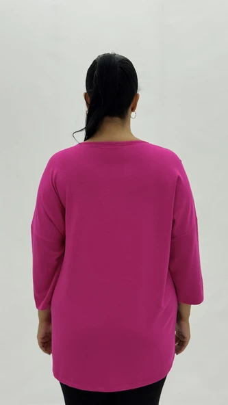 Büyük Beden Viskon Taşlı İnci Detaylı Kapri Kol Oversize Kadın Bluz - Resim 4