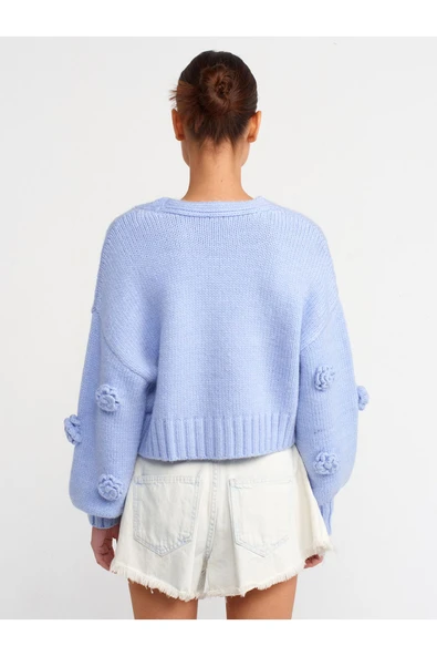 60216 DİLVİN V YAKA EL İŞİ GÜL NAKIŞLI ÇITÇITLI BALON TRİKO HIRKA - Resim 2