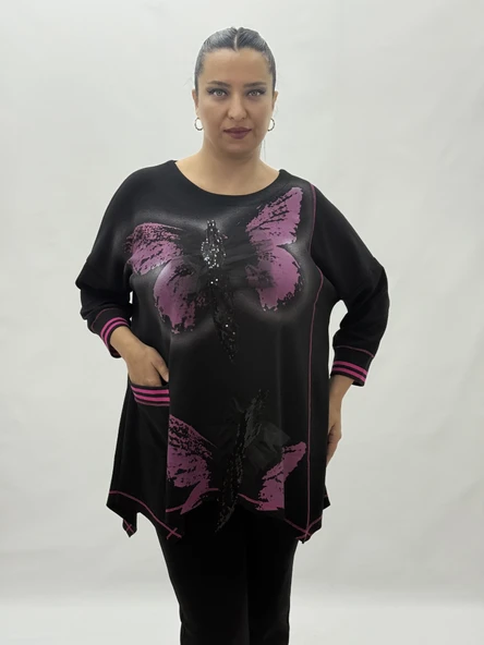 Büyük Beden Viskon Taşlı Cepli Kapri Kol Oversize Kadın Bluz - Resim 2