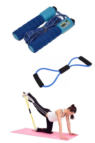 2'li Set Antrenman Sayaçlı Sünger Saplı Atlama Ipi Pilates Egzersiz Direnç Lastiği ürün görseli