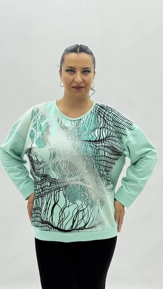 Büyük Beden Viskon Taşlı Uzun Kol Oversize Kadın Bluz - Resim 2