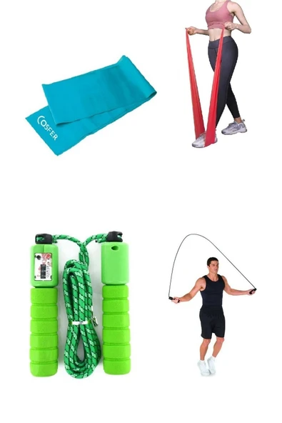 2'li Set Sayaçlı Sünger Saplı Atlama Ipi Yoğa Aerobik Egzersiz Direnç Pilates Bandı ürün görseli