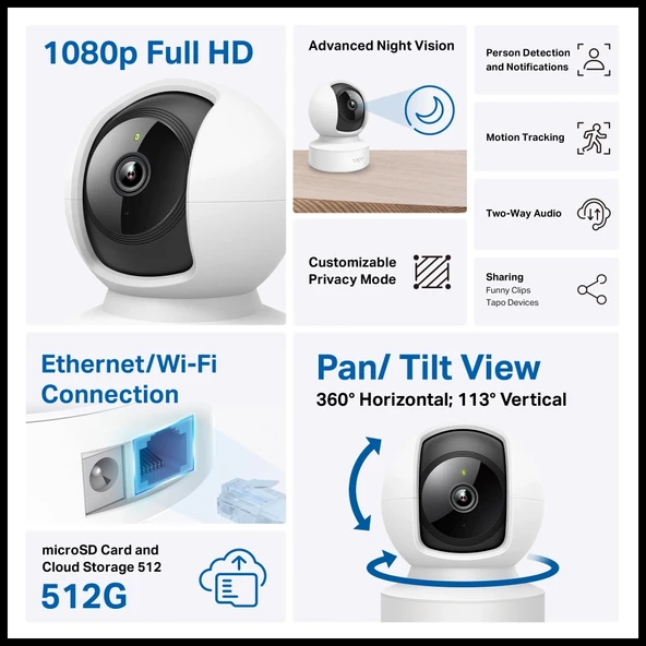Tp-lınk Tapo C202, Bebek/ev Güvenlik Kamerası, Wifi-ehernet, 1080p, 12mt Gece Görüşü, Pan/tılt, İki Yönlü Ses - Resim 3