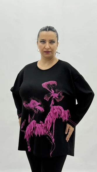 Büyük Beden Viskon Taşlı Uzun Kol Oversize Kadın Bluz - Resim 2