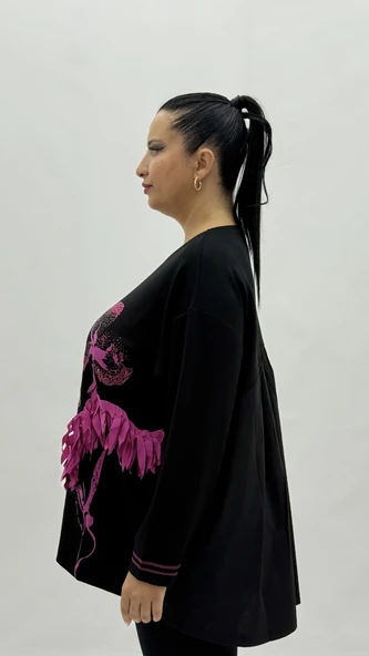 Büyük Beden Viskon Taşlı Uzun Kol Oversize Kadın Bluz - Resim 3