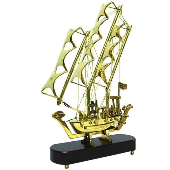 Pirinç Yelkenli Gemi Ahşap Kaideli Ev Ofis Dekorasyon 33cm - Resim 4