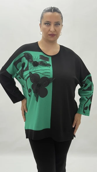 Büyük Beden Taşlı Çiçek Detaylı Uzun Kol Oversize Kadın Bluz - Resim 7