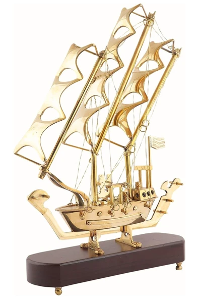 Pirinç Yelkenli Gemi Ahşap Kaideli Ev Ofis Dekorasyon 33cm - Resim 7