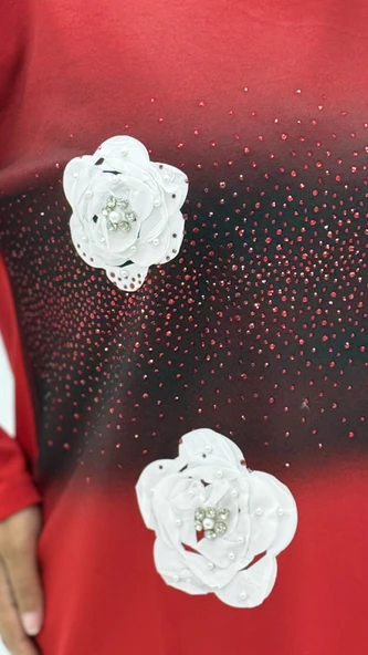 Büyük Beden Viskon Taşlı İnci Detaylı Uzun Kol Oversize Kadın Bluz - Resim 7