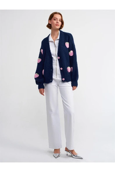 60185 DİLVİN HIRKA V YAKA ÇİLEK NAKIŞLI BALON KOL - Resim 2