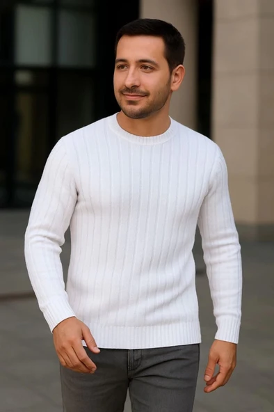 MDB Erkek Fitilli Triko Kazak 3’lü et – Beyaz, Gri, iyahKalın Dokuma Pamuklu Regular Fit Bisiklet Yaka Uzun Kollu Kışlık - Resim 3