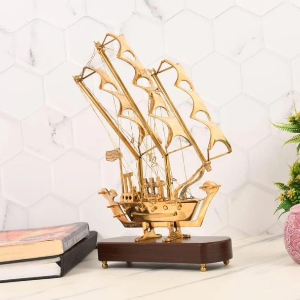 Pirinç Yelkenli Gemi Ahşap Kaideli Ev Ofis Dekorasyon 33cm - Resim 2