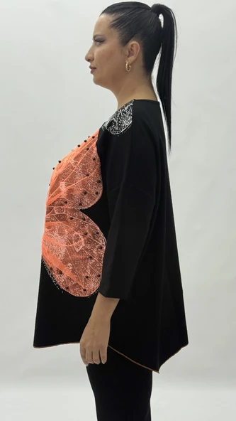 Büyük Beden Viskon Taşlı Boncuk Detaylı Kapri Kol Oversize Kadın Bluz - Resim 8