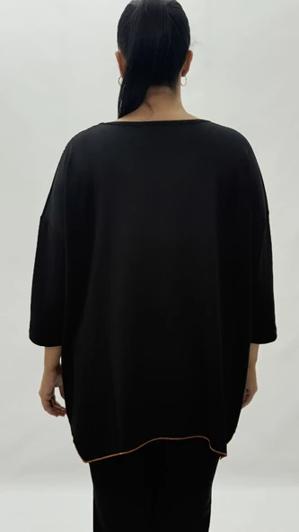 Büyük Beden Viskon Taşlı Boncuk Detaylı Kapri Kol Oversize Kadın Bluz - Resim 9