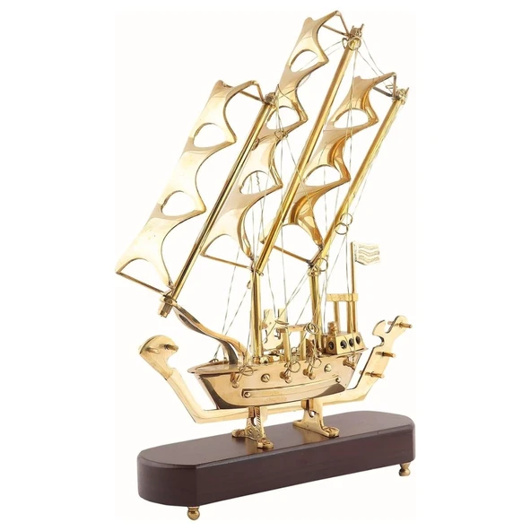 Pirinç Yelkenli Gemi Ahşap Kaideli Ev Ofis Dekorasyon 33cm ürün görseli