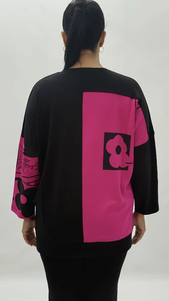 Büyük Beden Taşlı Çiçek Detaylı Uzun Kol Oversize Kadın Bluz - Resim 4