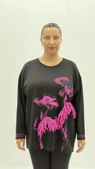 Büyük Beden Viskon Taşlı Uzun Kol Oversize Kadın Bluz ürün görseli