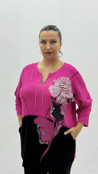 Büyük Beden Viskon Taşlı İnci Detaylı Kapri Kol Oversize Kadın Bluz - Resim 2