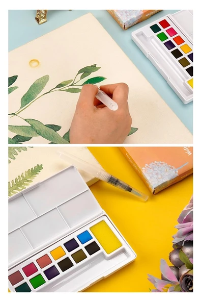 24 Renk Tablet Sulu Boya ve A5 Telli Suluboya Bloğu Kağıdı A5 210gr 20 Yaprak İnce Dokulu Taş Suluboya Plastik Kutulu - Resim 5