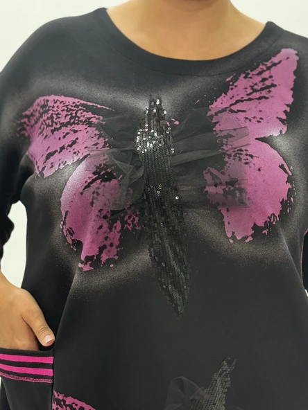 Büyük Beden Viskon Taşlı Cepli Kapri Kol Oversize Kadın Bluz - Resim 5