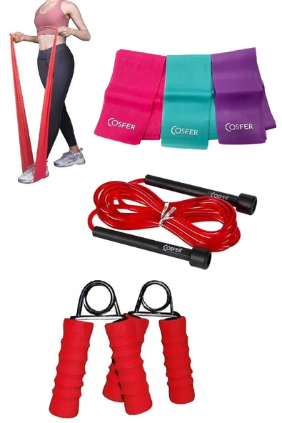 Set Aerobik Yoğa Egzersiz Pilates Bandı Atlama Ipi El Parmak Bilek Kol Güçlendirme El Yayı 3'lü ürün görseli