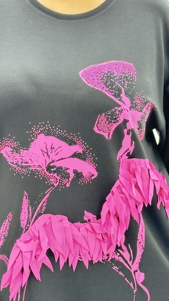 Büyük Beden Viskon Taşlı Uzun Kol Oversize Kadın Bluz - Resim 6