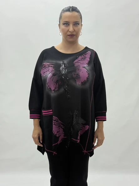 Büyük Beden Viskon Taşlı Cepli Kapri Kol Oversize Kadın Bluz ürün görseli