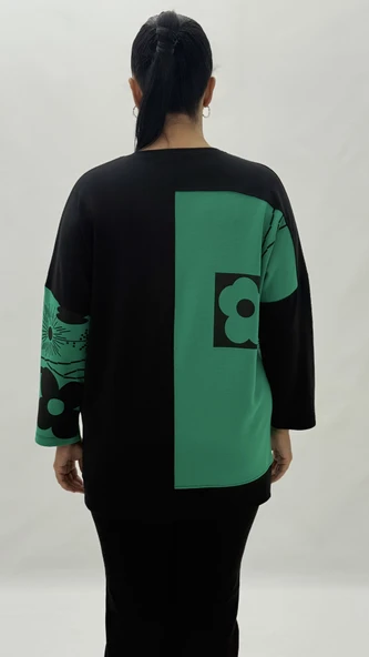 Büyük Beden Taşlı Çiçek Detaylı Uzun Kol Oversize Kadın Bluz - Resim 9