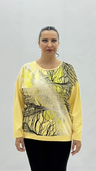 Büyük Beden Viskon Taşlı Uzun Kol Oversize Kadın Bluz - Resim 6