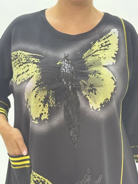 Büyük Beden Viskon Taşlı Cepli Kapri Kol Oversize Kadın Bluz - Resim 10