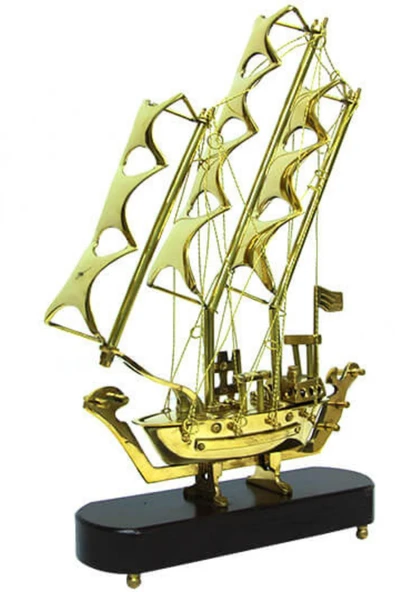 Pirinç Yelkenli Gemi Ahşap Kaideli Ev Ofis Dekorasyon 33cm - Resim 10