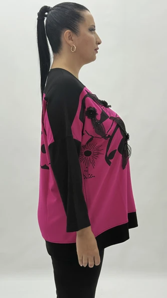 Büyük Beden Taşlı Çiçek Detaylı Uzun Kol Oversize Kadın Bluz - Resim 3