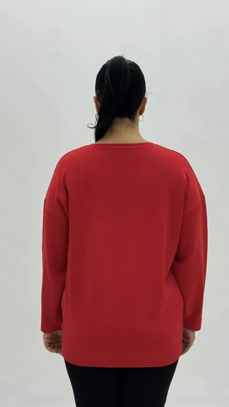 Büyük Beden Viskon Taşlı İnci Detaylı Uzun Kol Oversize Kadın Bluz - Resim 4