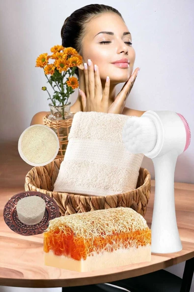 5'li Yüz Temizleme Kabak Lifli Keçi Sütü Ballı Sabun Masaj Sıkılaştırma Ruşur Taşı - Resim 3