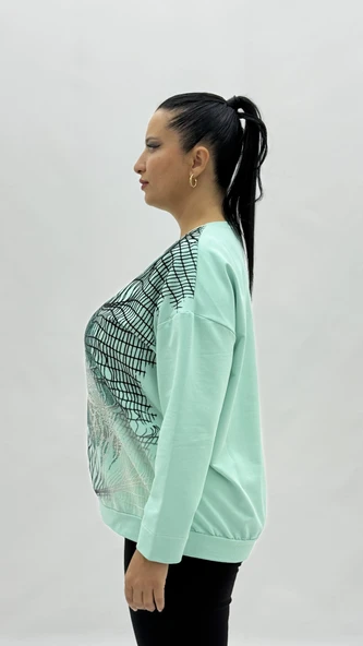 Büyük Beden Viskon Taşlı Uzun Kol Oversize Kadın Bluz - Resim 3