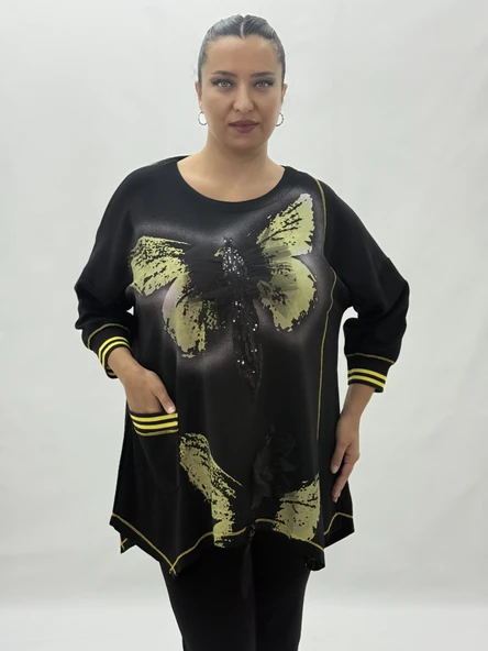 Büyük Beden Viskon Taşlı Cepli Kapri Kol Oversize Kadın Bluz - Resim 7