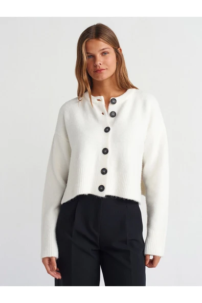 60280 DİLVİN DİK YAKA DÜĞMELİ YUMUŞAK DOKULU YIRTMAÇLI TRİKO HIRKA - Resim 2