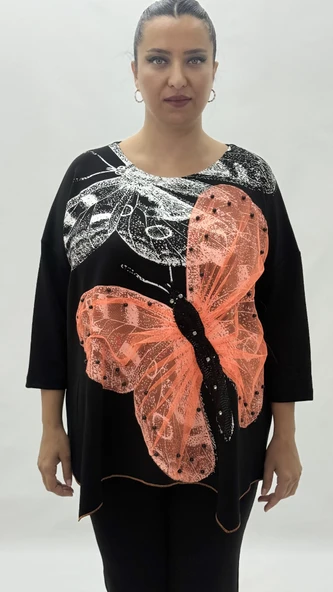 Büyük Beden Viskon Taşlı Boncuk Detaylı Kapri Kol Oversize Kadın Bluz - Resim 6